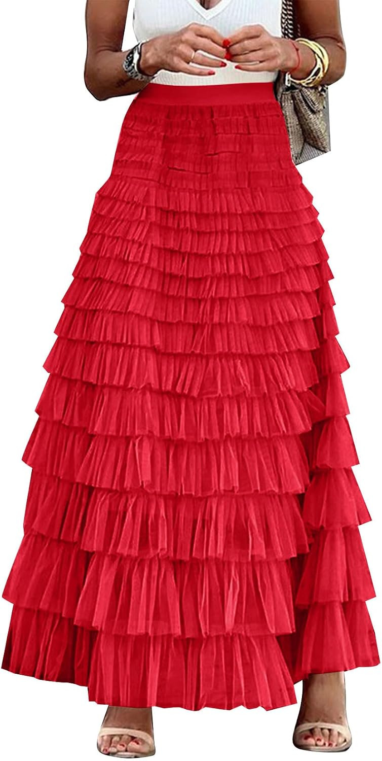 Flygo Women Long Maxi Tiered Tulle Skirts A Line Ruffle Layered Fairy Skirt | Amazon (US)