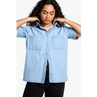 Womens Chambray Denim Short Sleeve Shirt - White - 12, White | Boohoo.com (UK & IE)