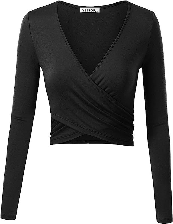 Women's Deep V Neck Long Sleeve Unique Slim Fit Cross Wrap Shirts Crop Tops | Amazon (US)