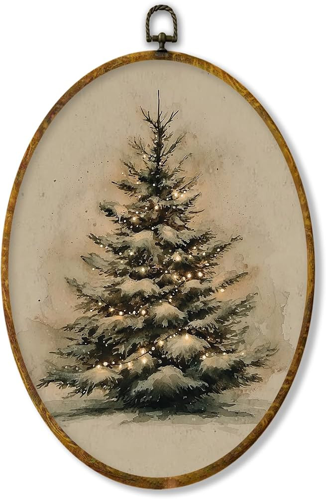 XPH Vintage Christmas Tree Oval Wall Art Framed, Rustic Christmas Winter Tree Oval Wall Decor, Fa... | Amazon (US)