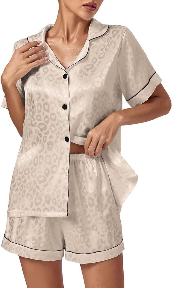 Vrtige Women's Silk Satin Pajamas Leopard Print Button Down Short Sleeve and Shorts Pj Sets | Amazon (US)