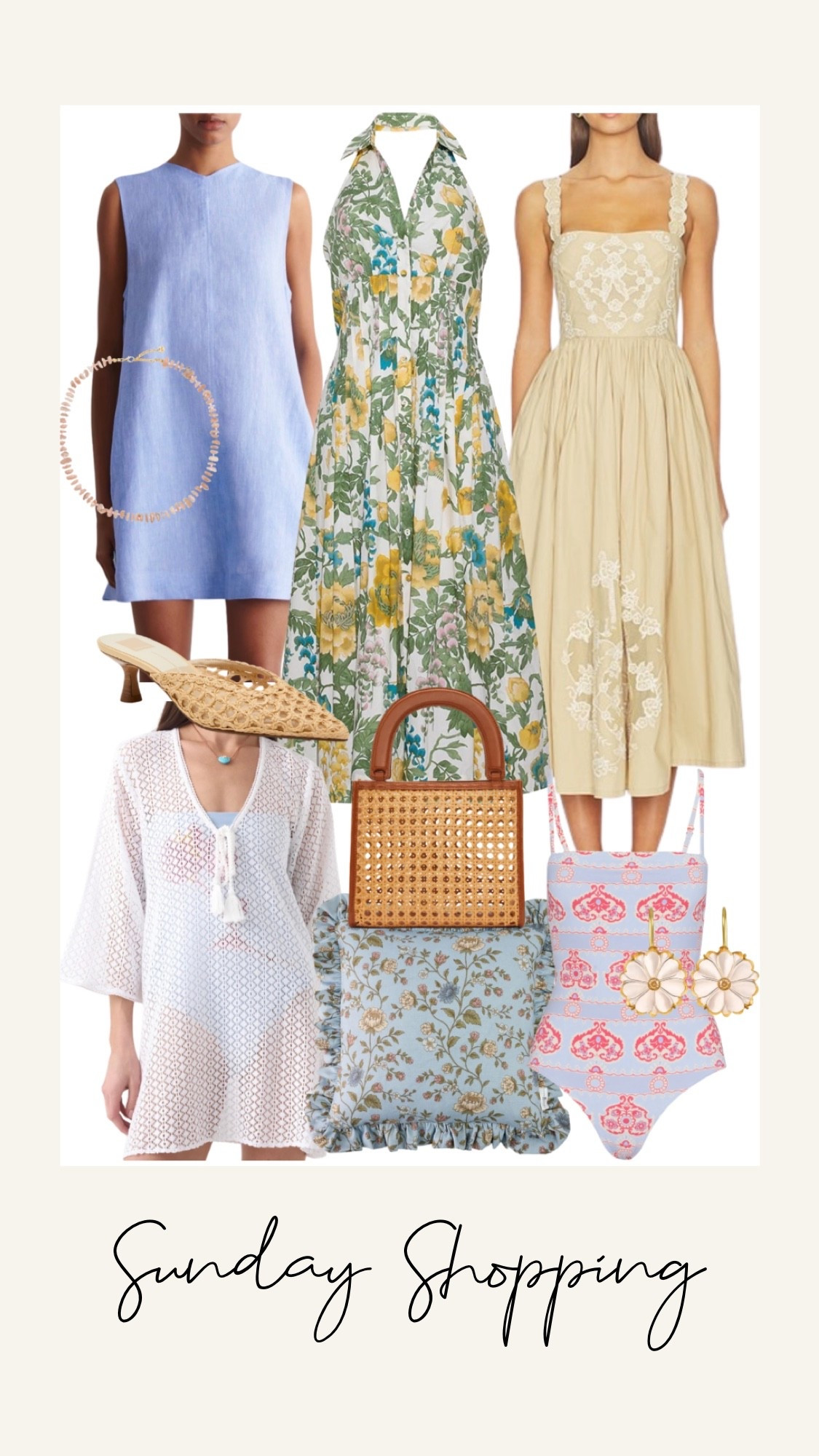 Sunday Shopping top 10 of the week ♥️ one-piece swimsuit with a cut white mesh coverup. A floral halter dress for summer paired with woven heeled mules. A short blue mini dress paired with a pink beaded necklace. A gorgeous embroidered fit and flare dress with floral drop earrings. Floral pillow case with ruffle trim. A rattan and leather mini bag for spring and summer.

#LTKSwim #LTKootd #LTKTravel