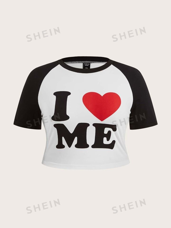 SHEIN EZwear Plus Heart & Slogan Graphic Raglan Sleeve Tee | SHEIN