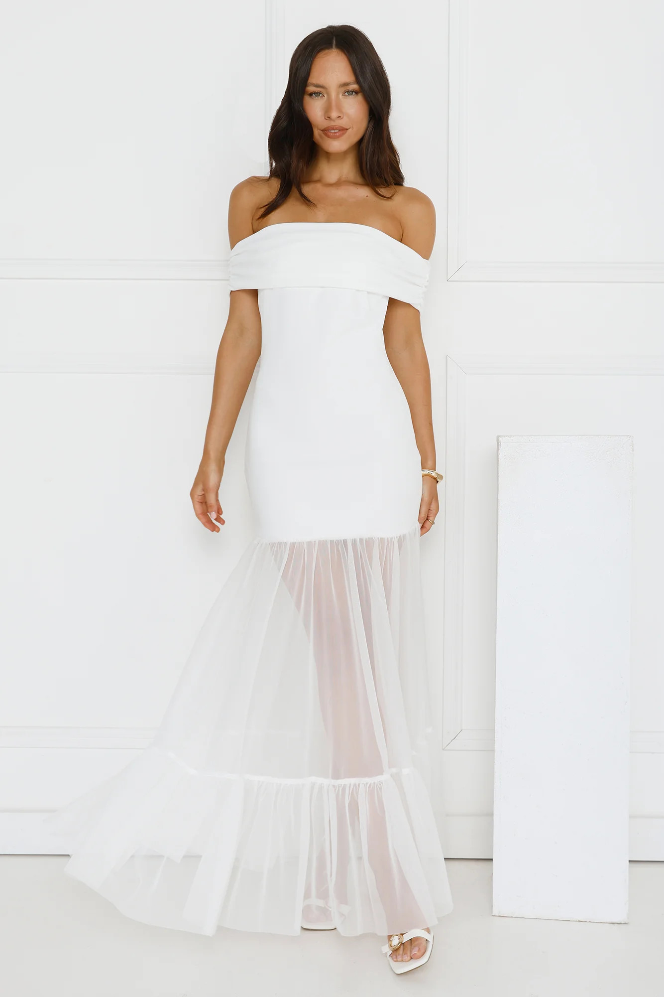 Moonbeam Reverie Off Shoulder Maxi Dress White | Hello Molly (US)