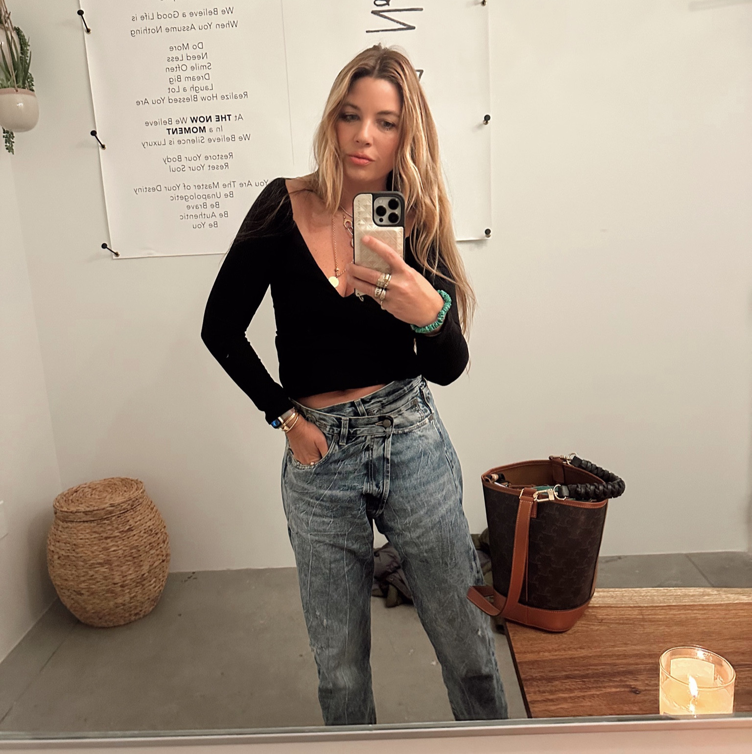 Black top, r13 jeans, boyfriend jeans, Celine, bucket bag 

Top-medium
Jeans-27 

Makeup: 
Foundation-M04
Lips: pink 503
Blush: enamor 

#LTKbeauty #LTKFind #LTKunder50