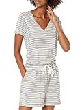 Amazon Essentials Women's Supersoft Terry Short-Sleeve V-Neck Romper (Previously Daily Ritual), Black White Thin Stripe, Medium | Amazon (US)