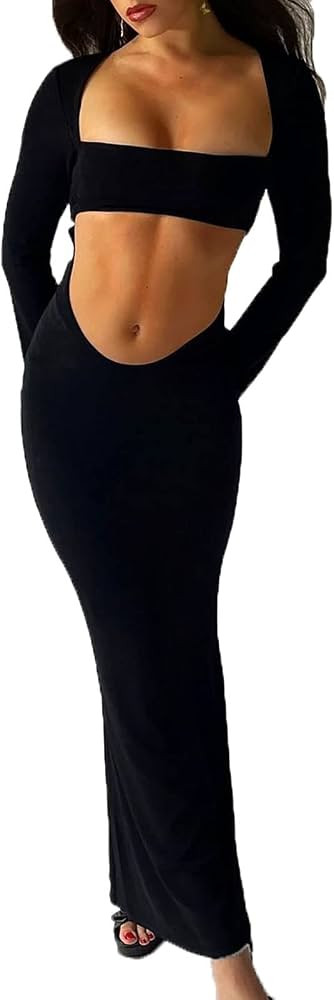 AnotherChill Women's Cut-Out Dress Bodycon Backless Long Sleeve Cocktail Sexy Maxi Dresses for Wo... | Amazon (US)