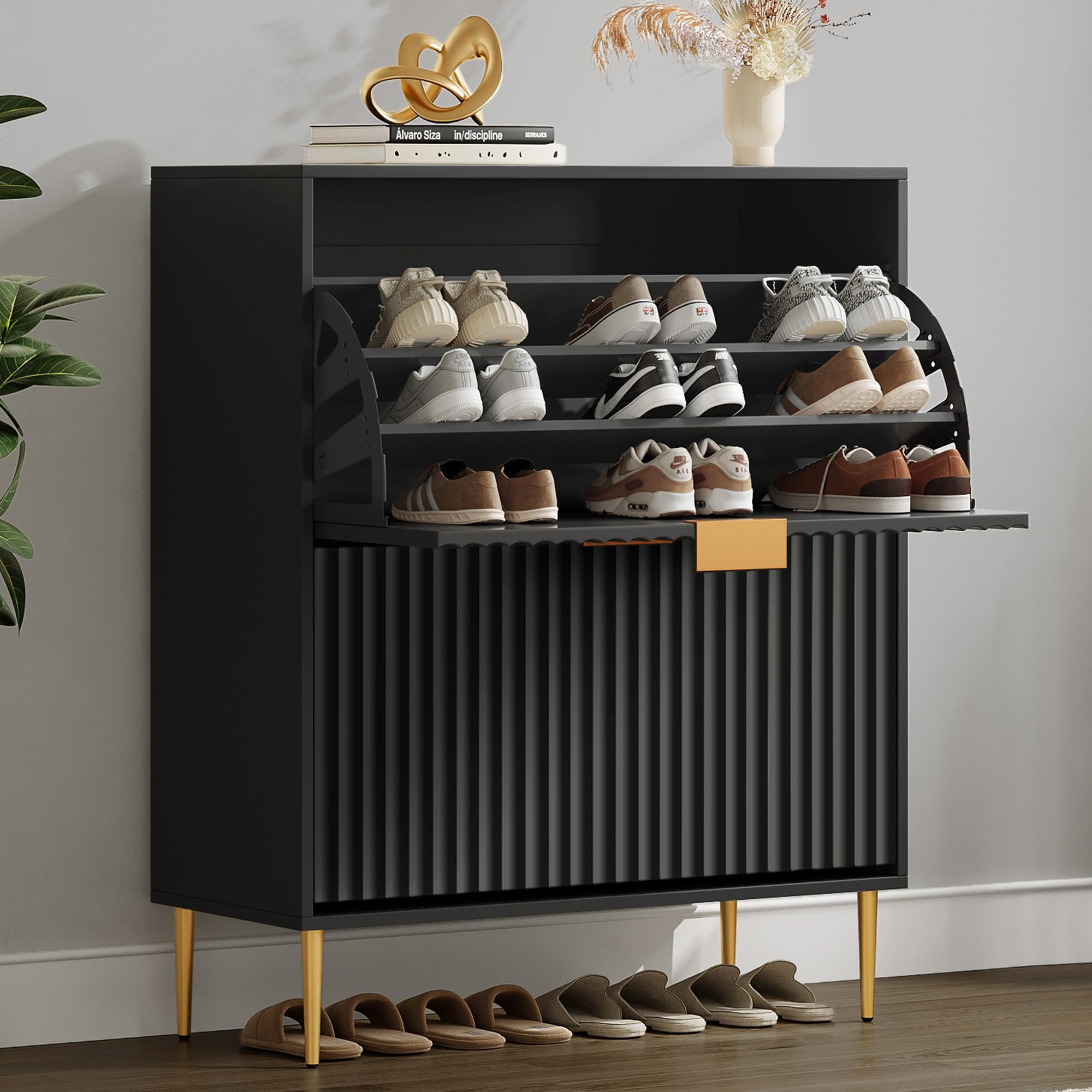 SICOTAS Fluted Shoe Cabinet Storage for Entryway with 2 Flip Drawers-11.8" Deep Freestanding Shoe... | Amazon (US)