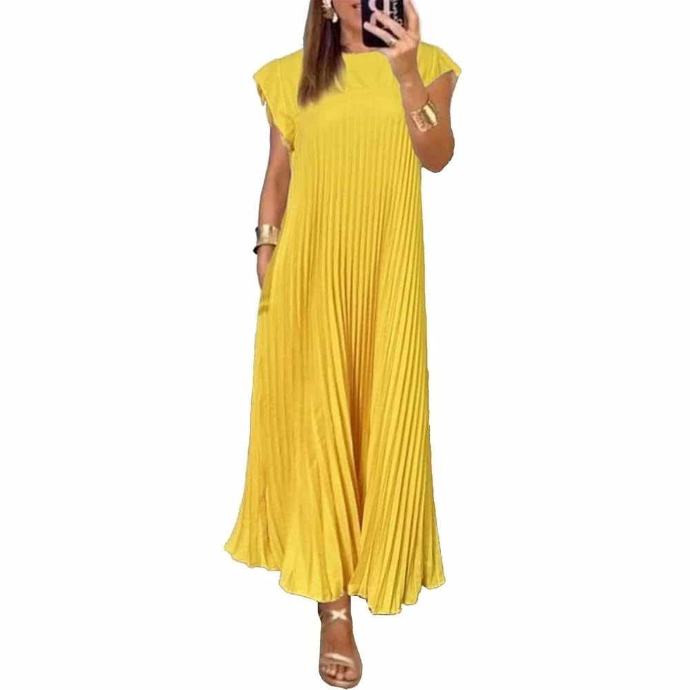 Women Pleated Simple Solid Color Dress, Sleeveless Pleated Simple Solid Color Dress, Crewneck Sle... | Amazon (CA)