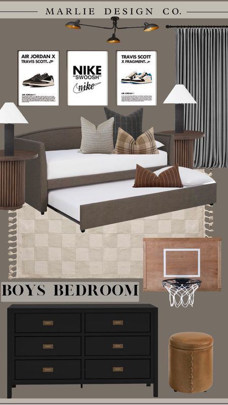Boys bedroom | tween boy bedroom | teen boy bedroom | masculine bedroom | bonus room | media room | checkered rug | neutral rug | boys room rug | side table | nightstand | trundle bed | daybed | black dresser | indoor basketball hoop | lamp | boys room art | sneaker art | leather ottoman | Wayfair | McGee & co | Target | Amazon | urban outfitters | Etsy | boys bedroom pillow combo | pillow cover combo | gray curtains | two pages curtains 

#LTKunder100 #LTKkids #LTKhome