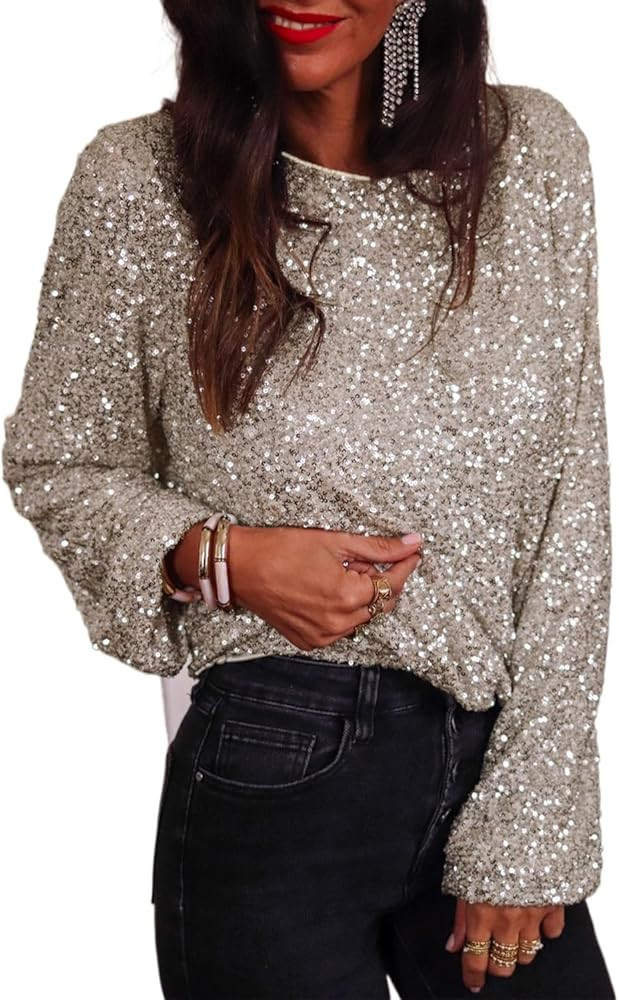 Women's Silvery Sequin Puff Sleeve Cutout Back Blouse | Amazon (US)