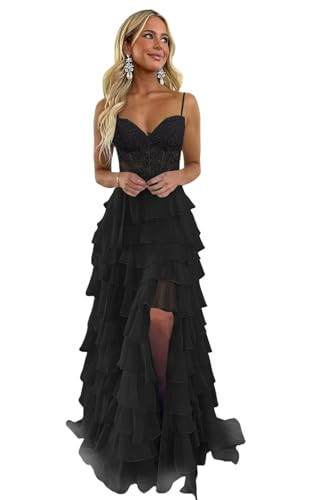 REIOKJT Lace Tiered Prom Dress Sweetheart Homecoming Dress with Slit Ruffle Chiffon Prom Dresses Black US4 | Amazon (US)