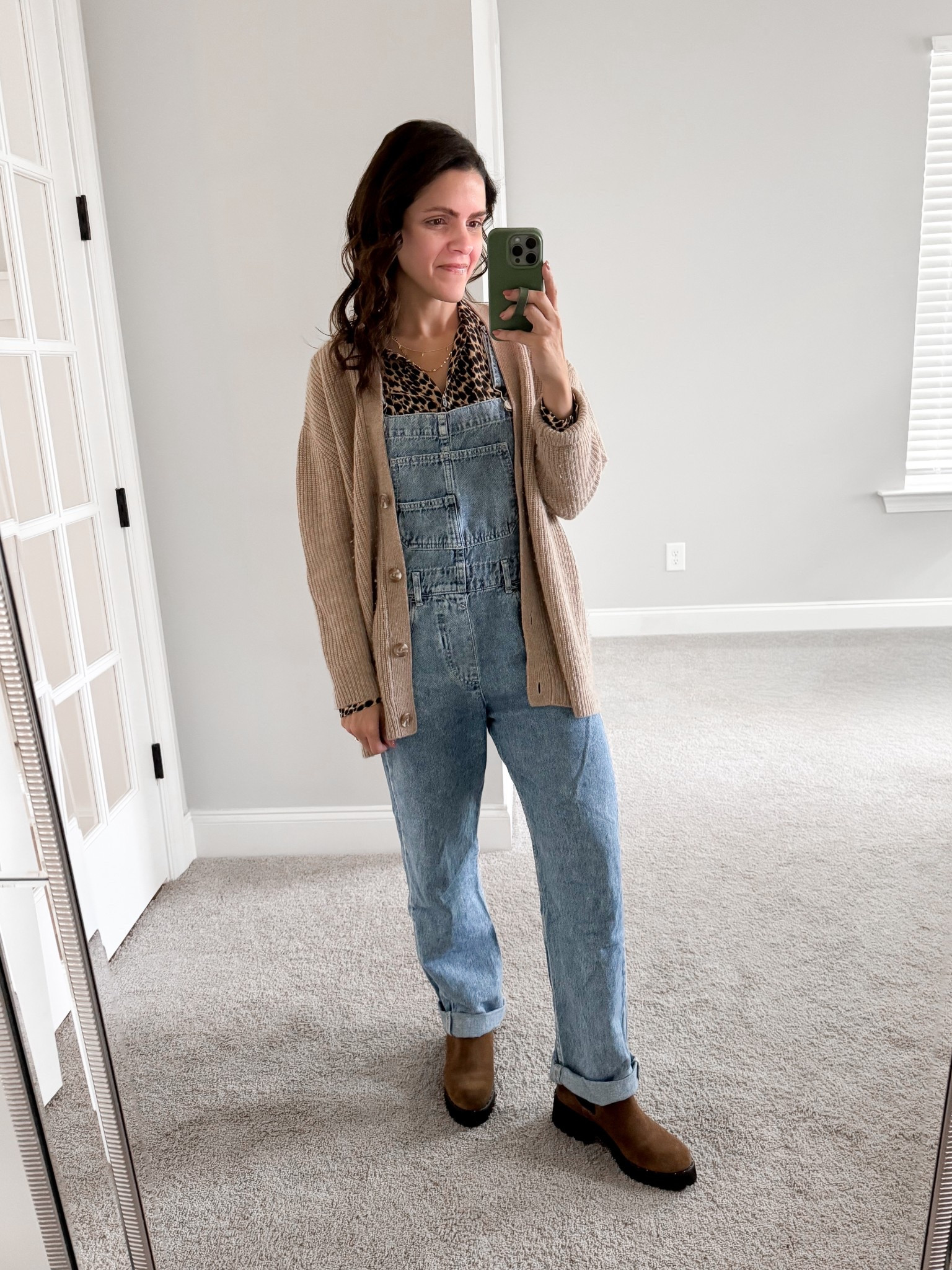 What I wore: 
Overalls: Free People, XS
Leopard Blouse: old, linked similar
Cardigan: Quince, XS 
Lug boot: Freda Salvador, tts


#LTKStyleTip