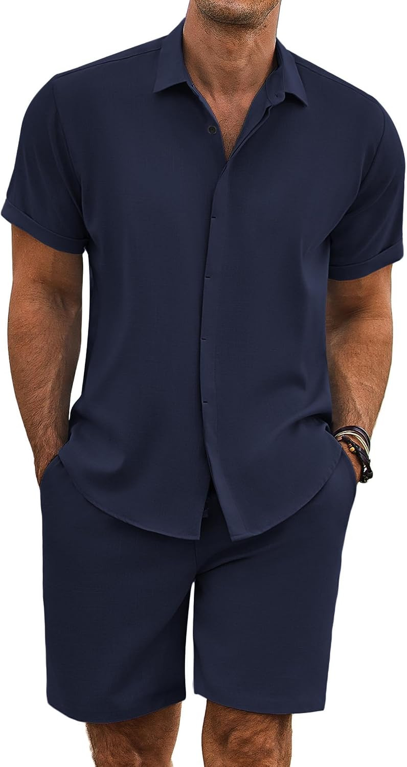 COOFANDY Men's Summer Beach Outfits 2 Piece Short Sleeve Shirts and Shorts Vacation Texture Linen Sets for Men | Amazon (US)