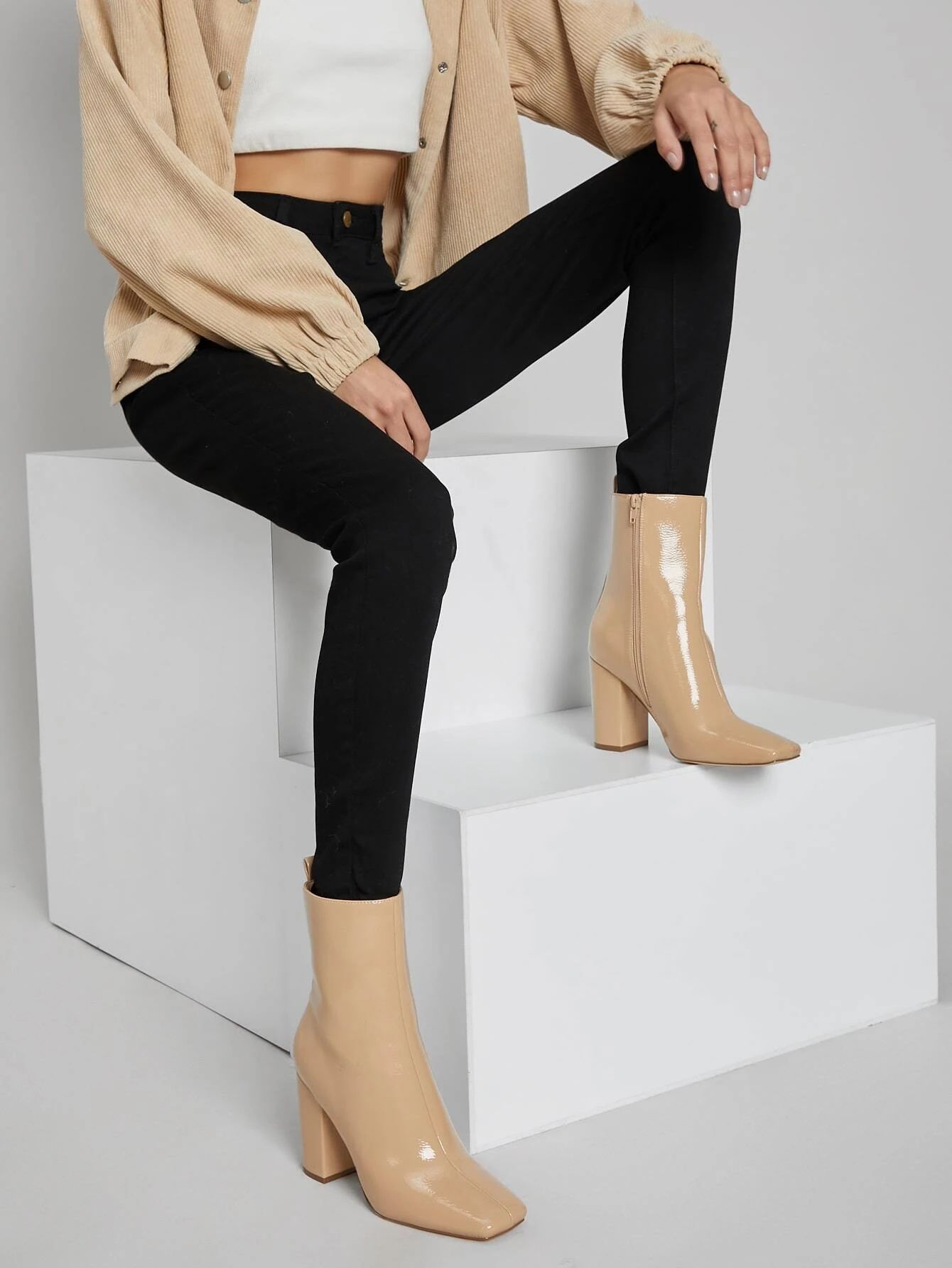 Faux Patent Leather Zippered High Heeled Boots | SHEIN