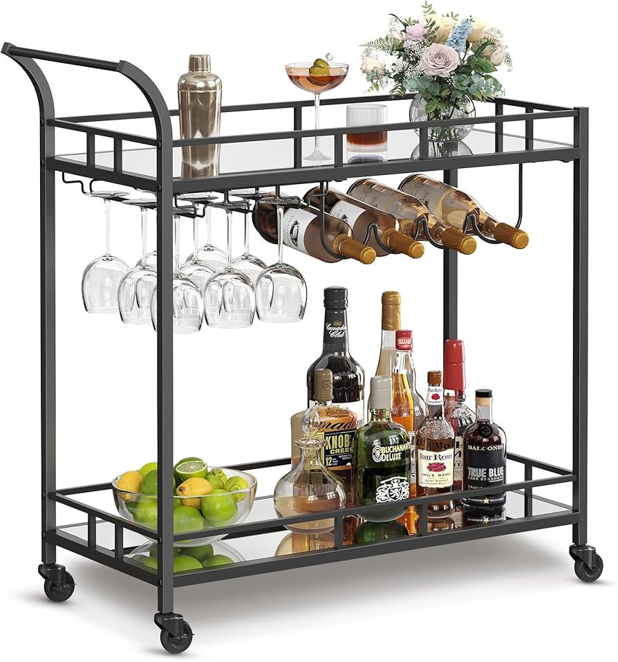 VASAGLE Bar Cart Black, Home Bar Serving Cart, Wine Cart with 2 Mirrored Shelves, Wine Holders, G... | Amazon (US)