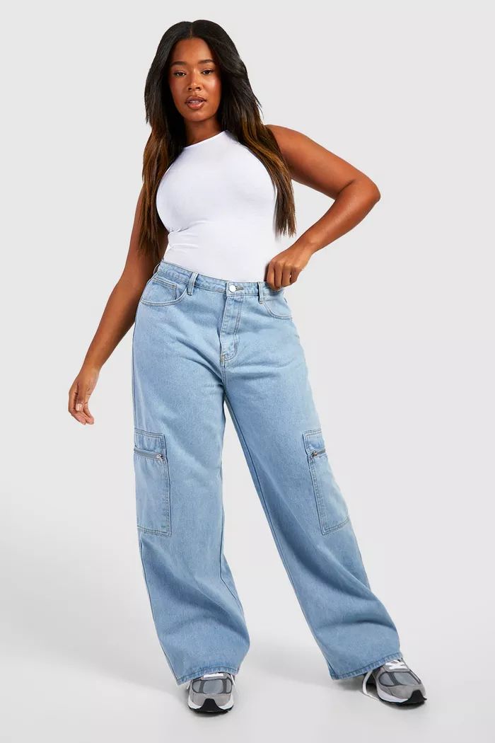 Plus Zip Pocket High Waisted Cargo Jeans | boohoo (US & Canada)