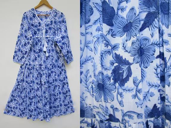 Ice Color Blues Floral Look Printed Cotton Long Maxi Dress  V | Etsy | Etsy (US)