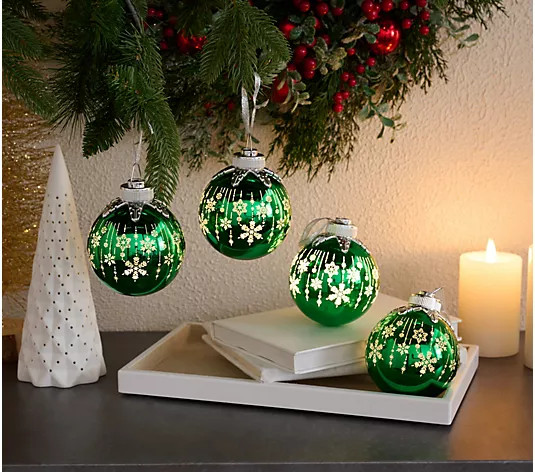 Set of 4 Illuminated Snowflake Glass Ornaments by Valerie | QVC