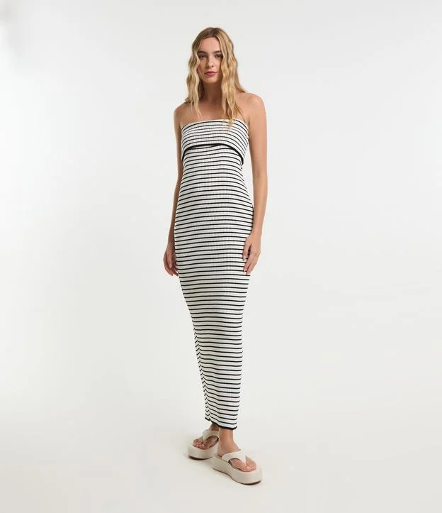 Vestido New Midi em Tricô Listrado e Pala Virada Branco - Lojas Renner | Renner (BR)