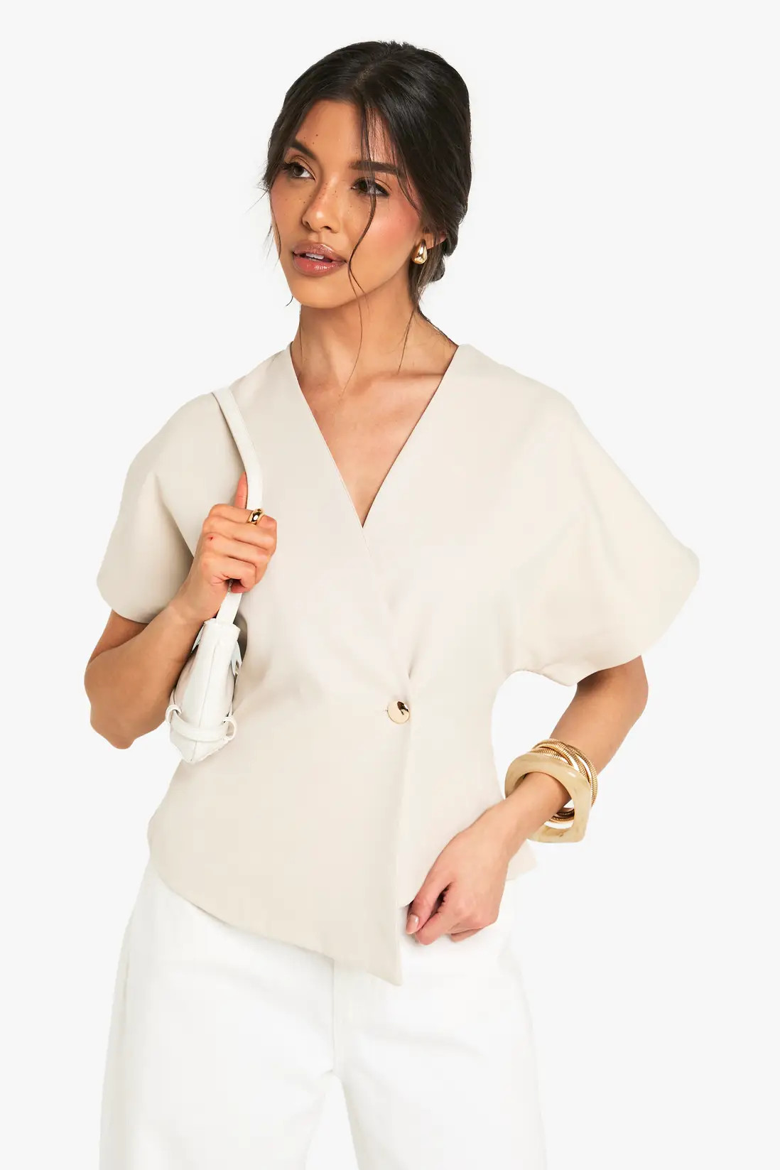 Stone Woven Button Cap Sleeve Top | Boohoo | Boohoo.com (UK & IE)