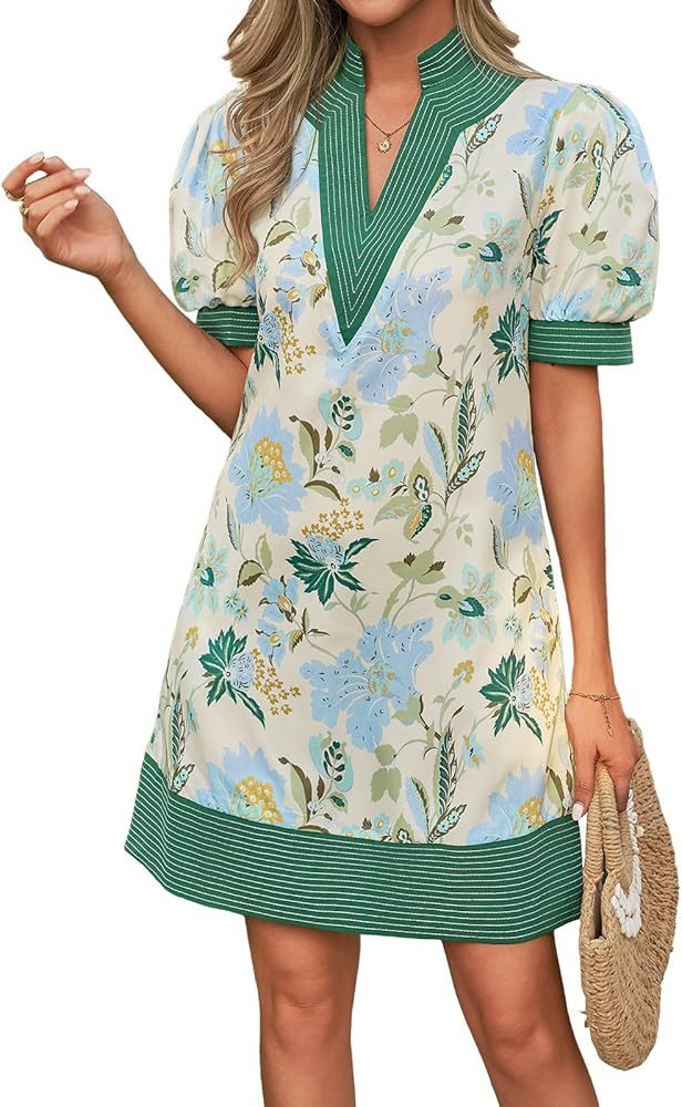 Wenrine Womens Summer V Neck Shift Dresses Casual Puff Short Sleeve Color Block Short Boho Beach ... | Amazon (US)