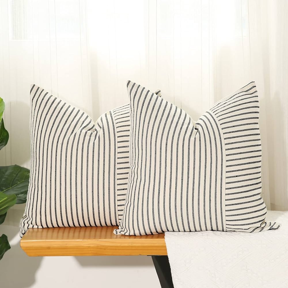 Hckot Black and Beige Patchwork Farmhouse Throw Pillow Covers 16 x 16 Inch, Pack of 2 Striped L... | Amazon (US)