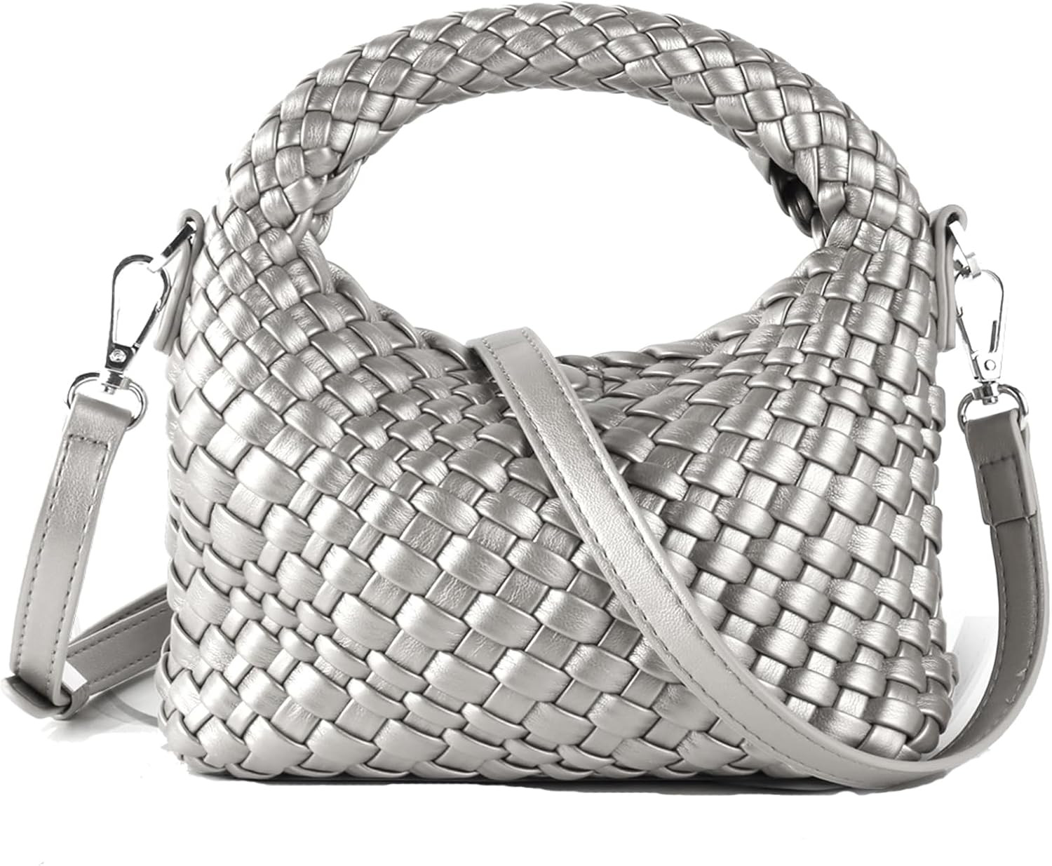 Woven Purse For Women, Small Crossbody Tote Bag with Detachable Shoulder Strap, Girls Top Handle Handbag (Silver) | Amazon (US)