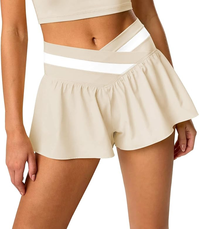 Womens Athletic Workout Shorts Flowy Butterfly Elastic Crossover High Waisted 2 in 1 Running Shor... | Amazon (US)