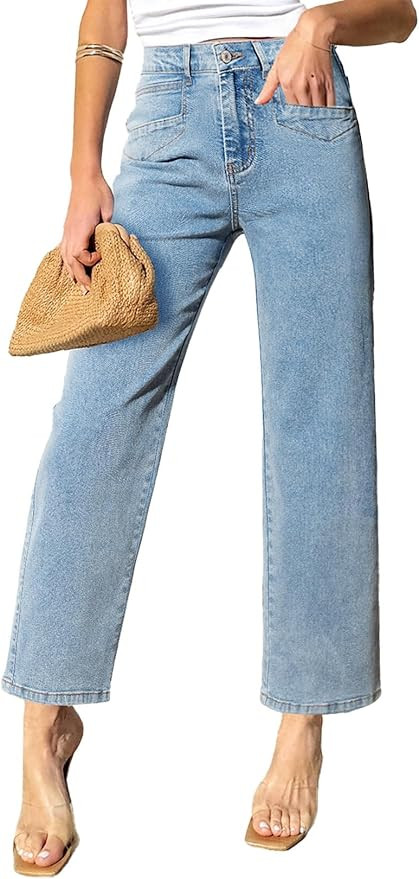 Sidefeel Women's Straight Leg Jeans High Waisted Stretchy Jeans Zimbaplatinum Wide Leg Ankle Deni... | Amazon (US)