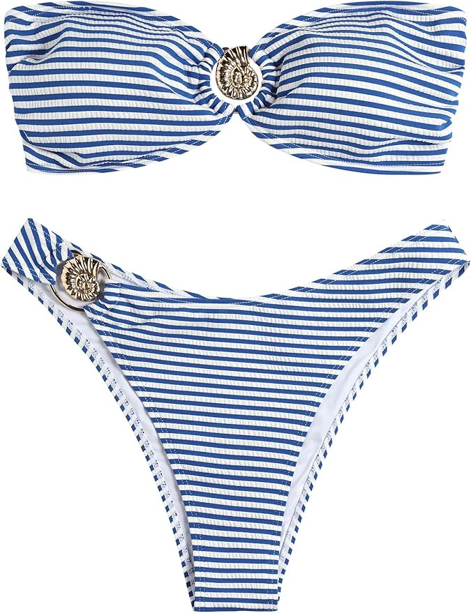 ZAFUL Women's Bandeau Bikini O Ring Strapless Tie Back High Cut Two Piece Swimsuit Bathing Suits | Amazon (US)