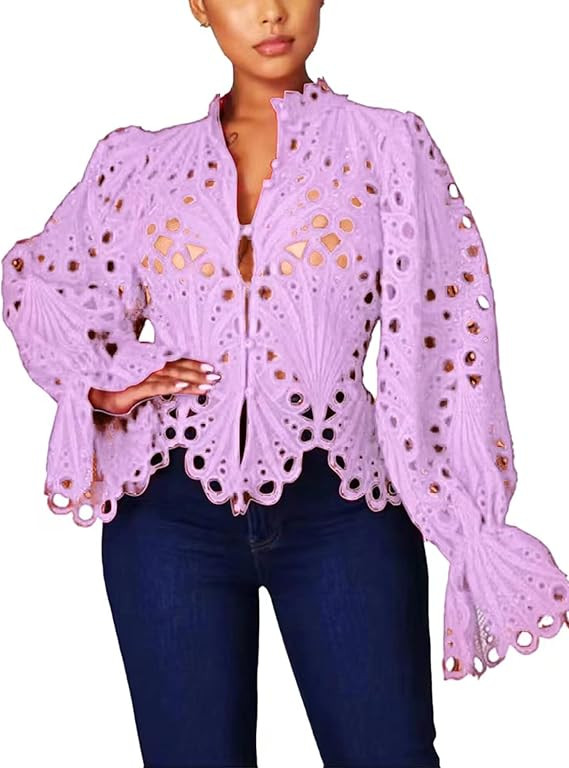 Doweha Women’s Sexy Ruffle Long Sleeve Summer Lace Tops 2026 Puff Flare Shirt V Neck Hollow Out... | Amazon (US)