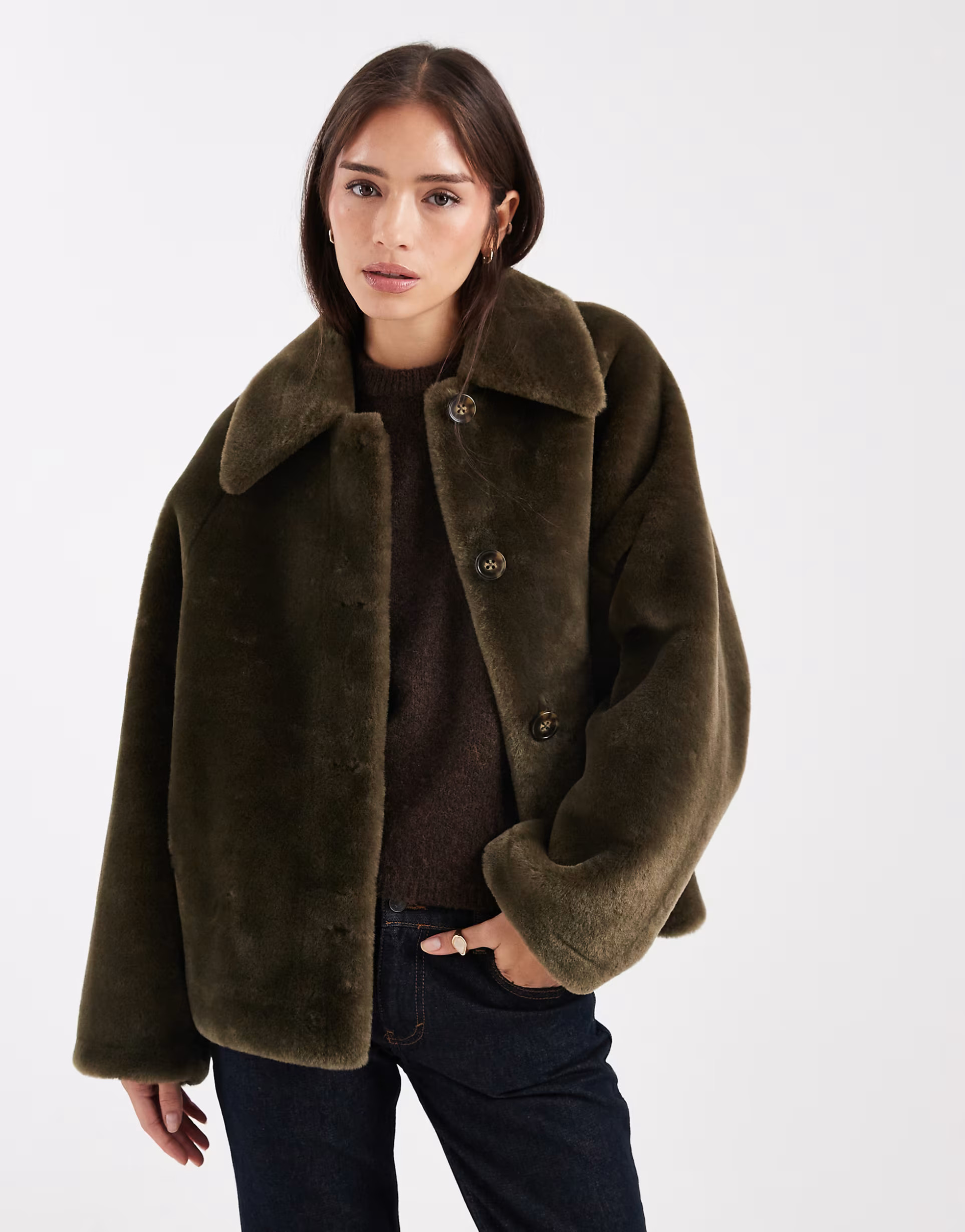 ASOS DESIGN shearling short car coat in khaki | ASOS | ASOS (Global)