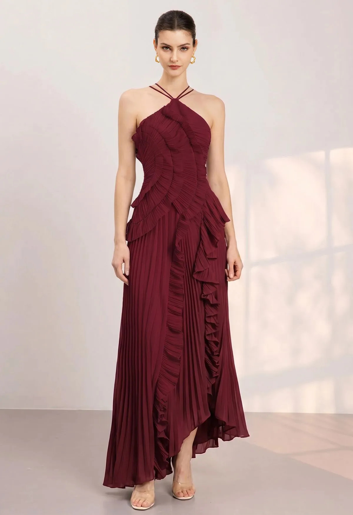 Asymmetrical Ruffle Halter Tie-Neck Pleated Maxi Dress in Red for Anniversary Dinner & Art Openin... | Chicwish