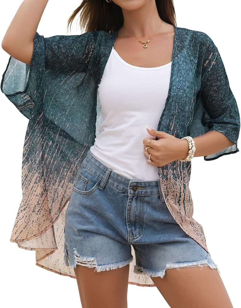 Women's Floral Print Puff Sleeve Kimono Cardigan Loose Cover Up Casual Blouse Tops | Amazon (US)