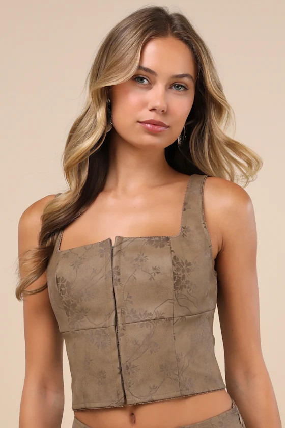 Coveted Brown Floral Vegan Leather Bustier Crop Top | Lulus