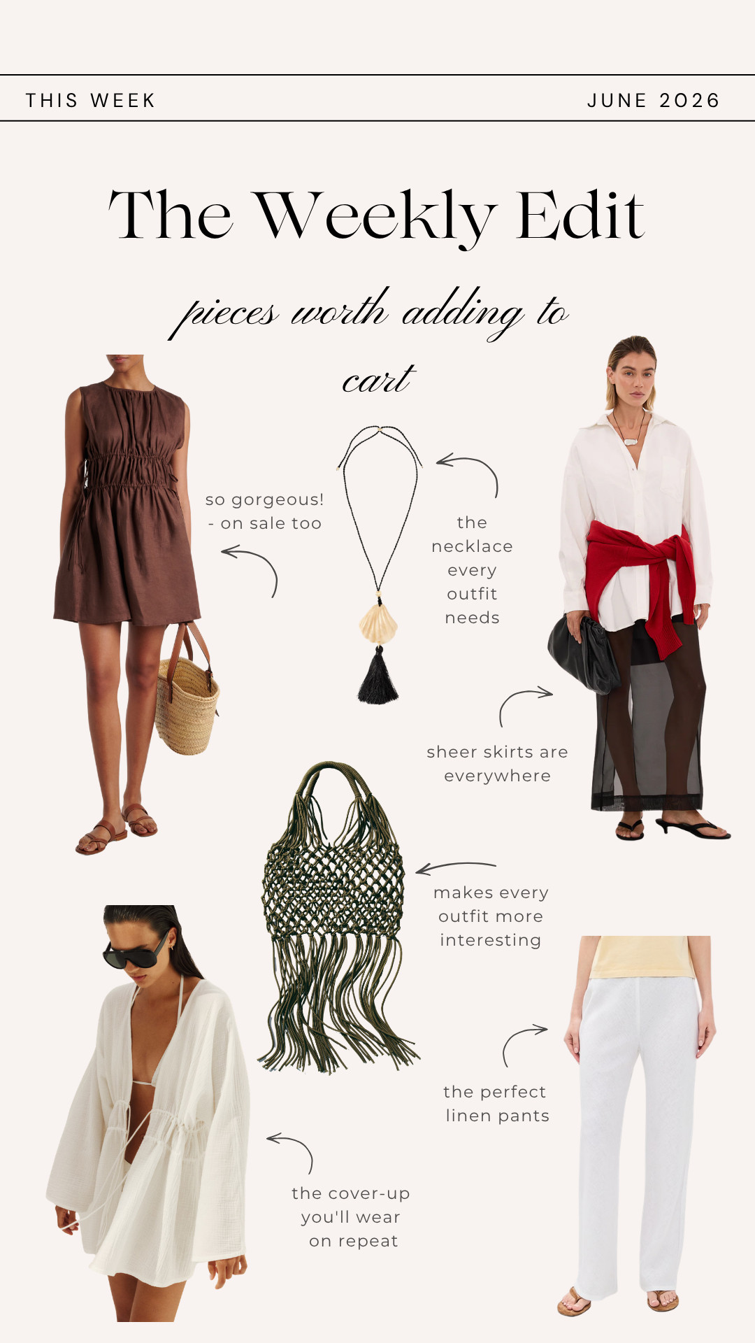 The Weekly Edit.

A curated selection of pieces I genuinely love this week — chic summer staples, effortless linen, statement accessories, and a few finds that feel far more expensive than they are. 

 