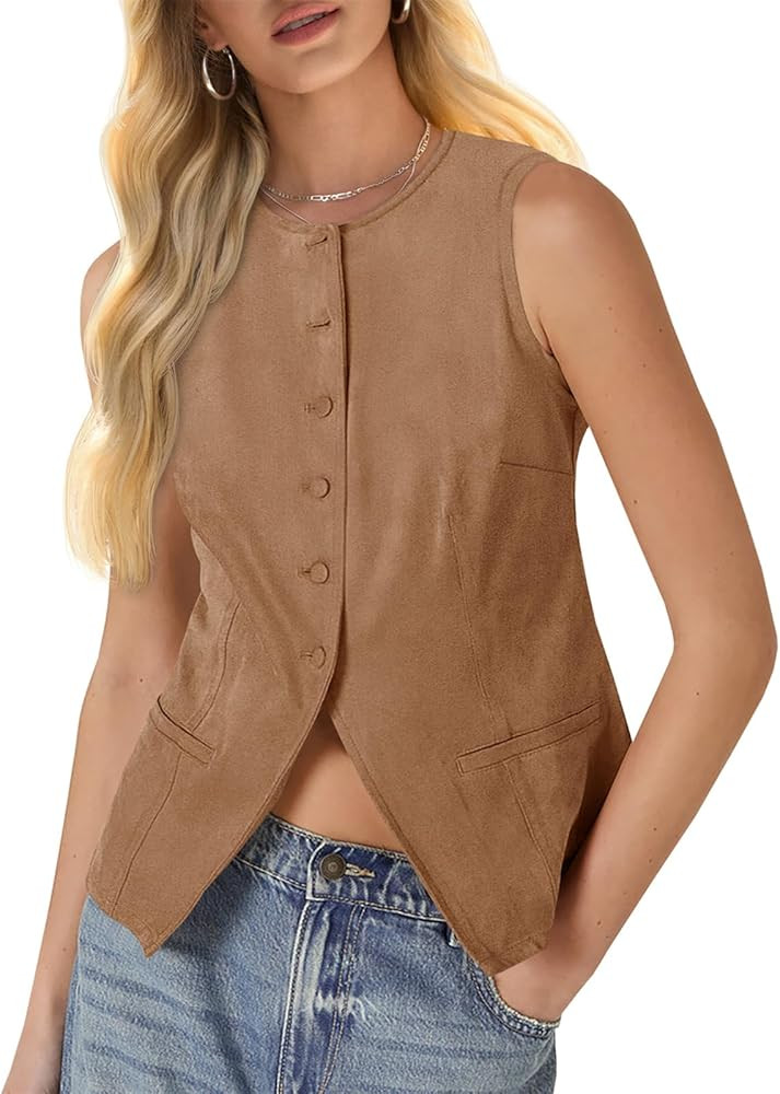 Tankaneo Womens Sleeveless Vest Trendy Suede Button Down Business Casual Suit Vest Tops Blazer Wa... | Amazon (US)