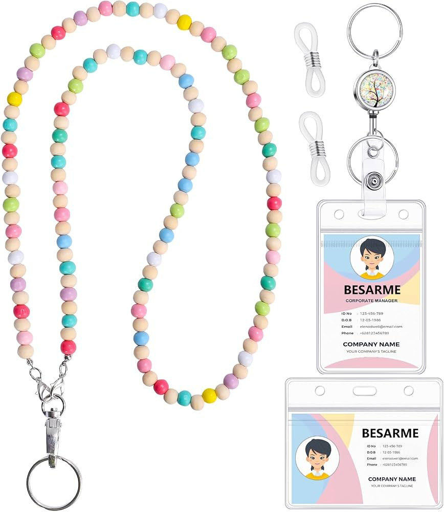 Lanyards for ID Badges Teacher Gifts Wooden Beaded Lanyard Retractable Reel | Amazon (US)