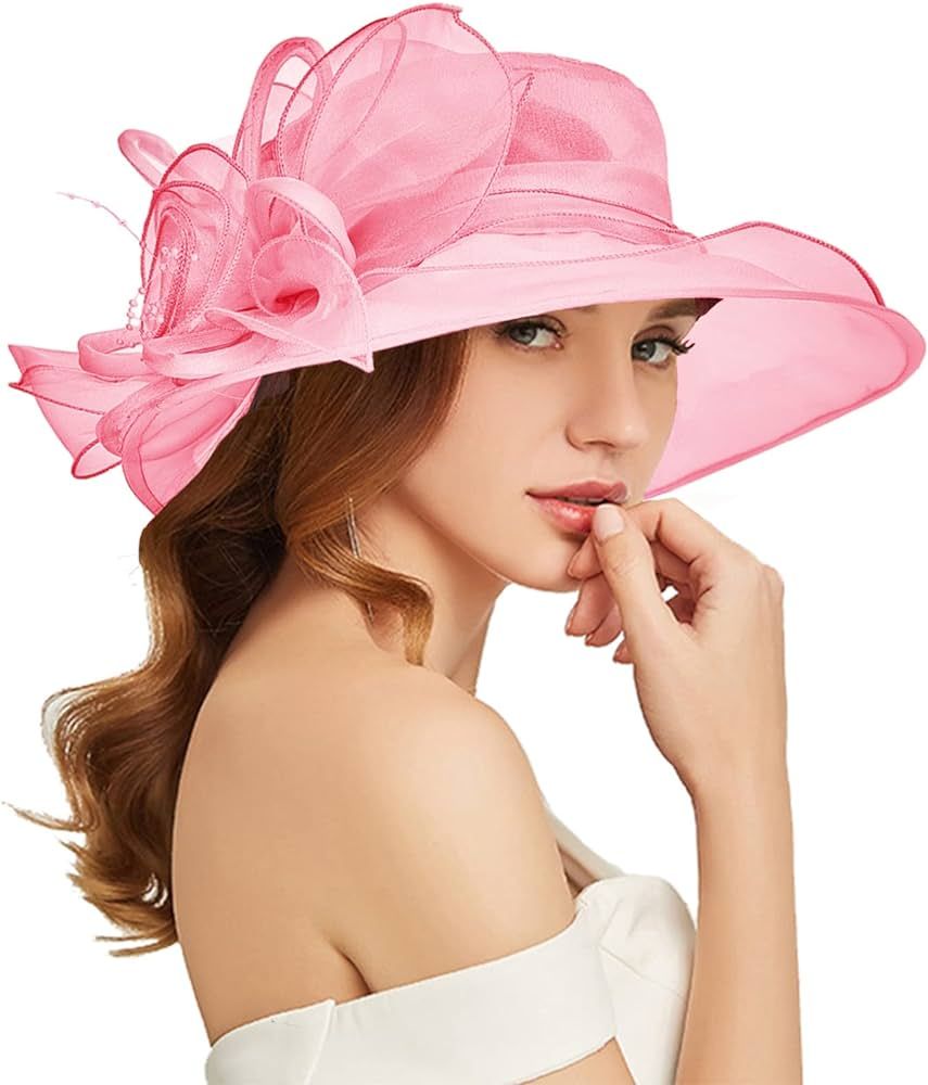 TLMNU Organza Fascinator Hat - Women's Wide Brim Church Bridal Tea Party Wedding Hat | Amazon (US)