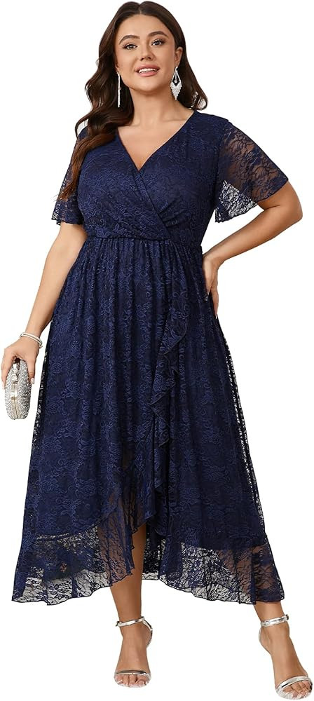 SCOMCHIC Womens Plus Size Wedding Guest Dress Formal Lace Wrap V Neck High Low Short Sleeve Cockt... | Amazon (US)
