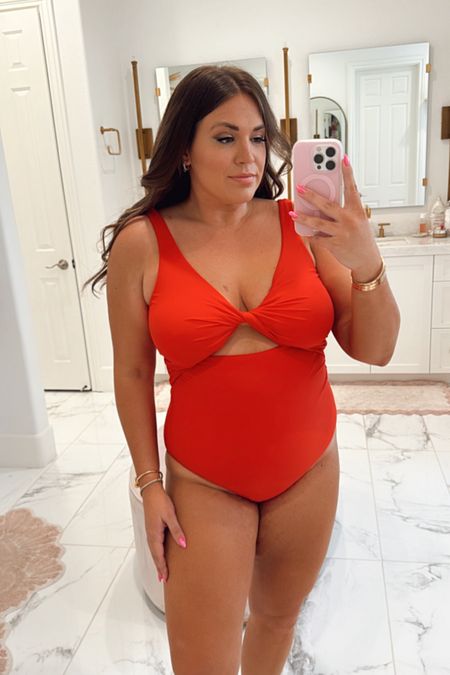 my curvy Red Hot Knotted One Piece swimsuit! wearing size xl and fits true to size. has sewn in bra cups! comes in xs-xxxl 

#LTKSwim #LTKFindsUnder100 #LTKMidsize