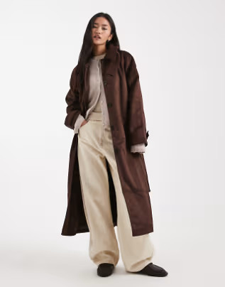ASOS DESIGN faux suede funnel neck trench coat in chocolate | ASOS | ASOS (Global)