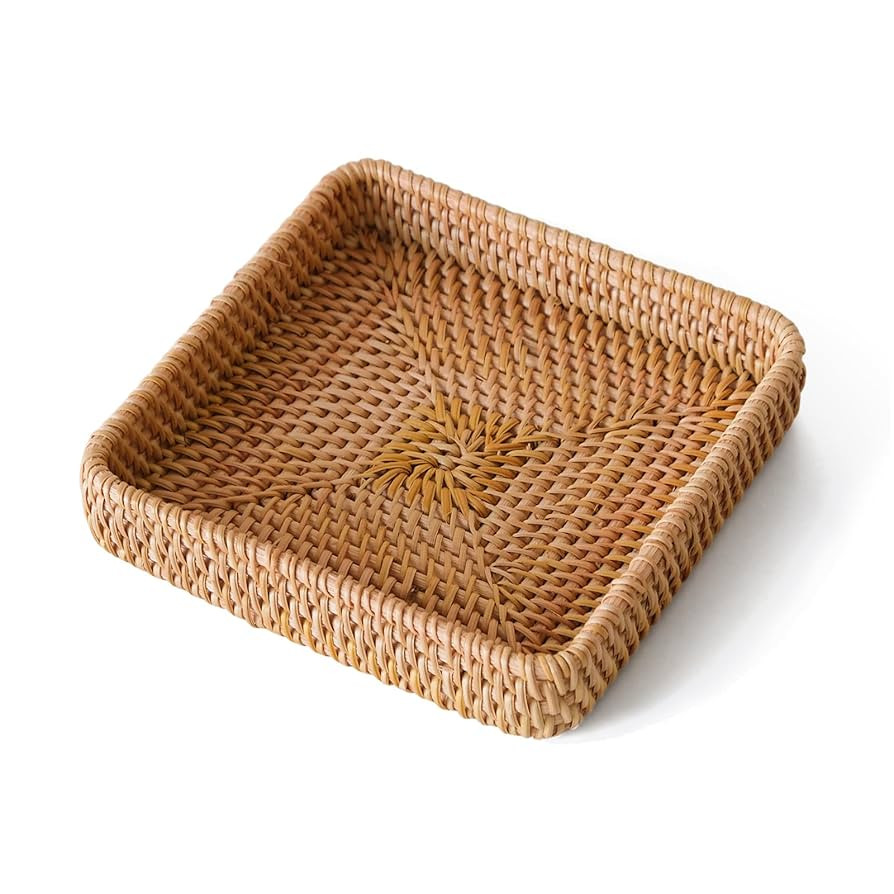 Rattan Serving Tray, Square Woven Storage Basket, Wicker Baskets for Organizing, Natural Wicker D... | Amazon (US)