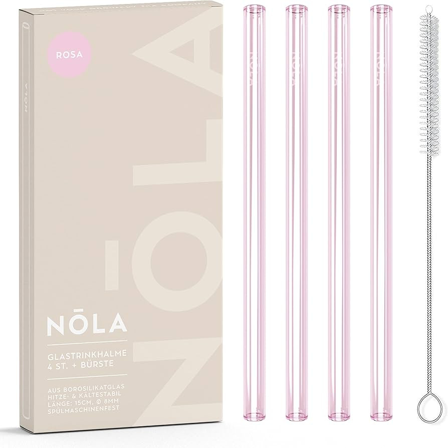 NOLA Premium Glastrinkhalme rosa, 4er-Set + Reinigungsbürste - 15 cm lang - Spülmaschinenfest, ... | Amazon (DE)