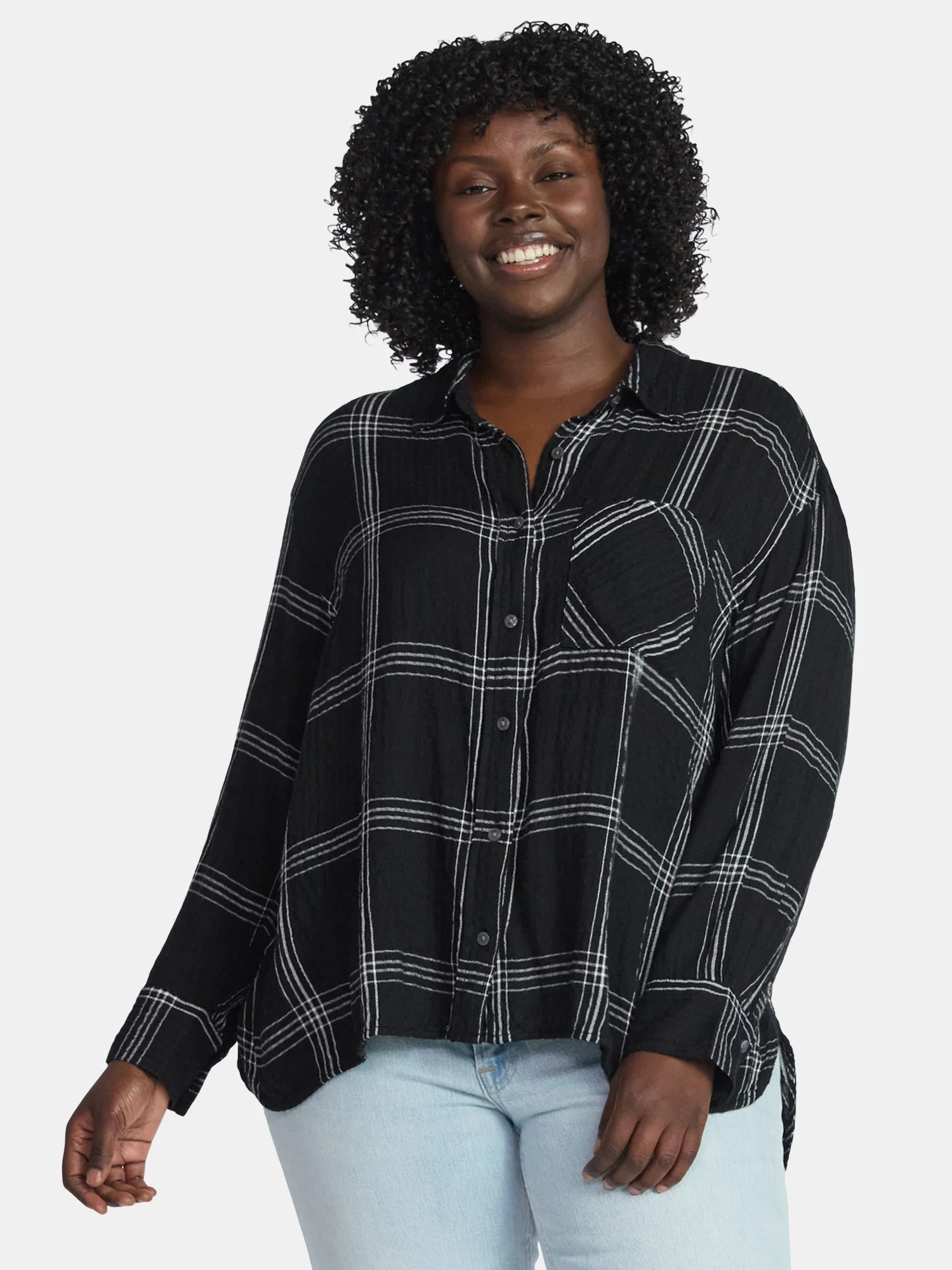 Terra & Sky Women's Plus Size Plaid Button Front Shirt, Sizes 0X-5X | Walmart (US)