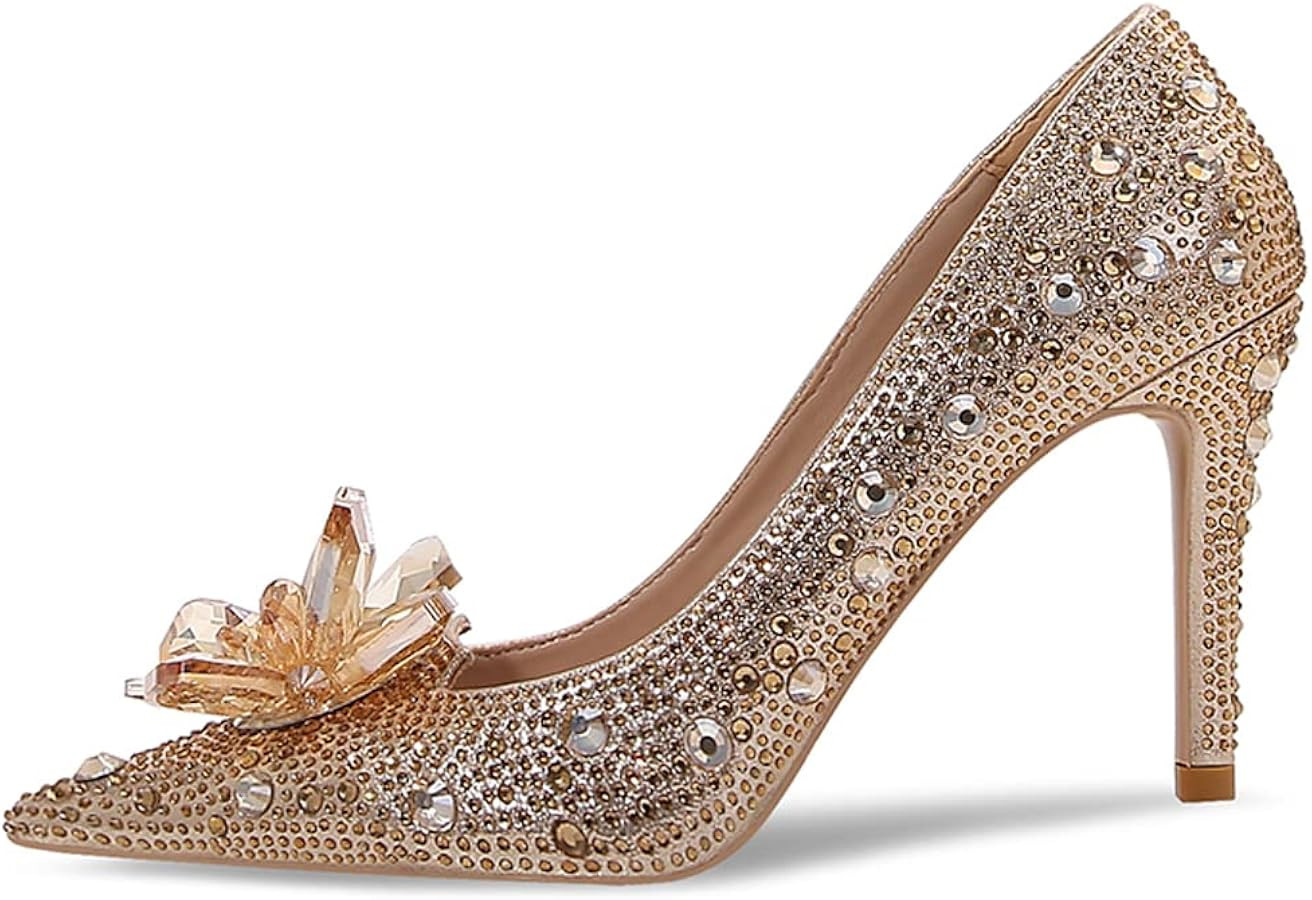 YIYA Women Elegant Pointed Toe Glitter Rhinestone Stiletto High Heel Wedding Pumps Sexy Slip On P... | Amazon (US)