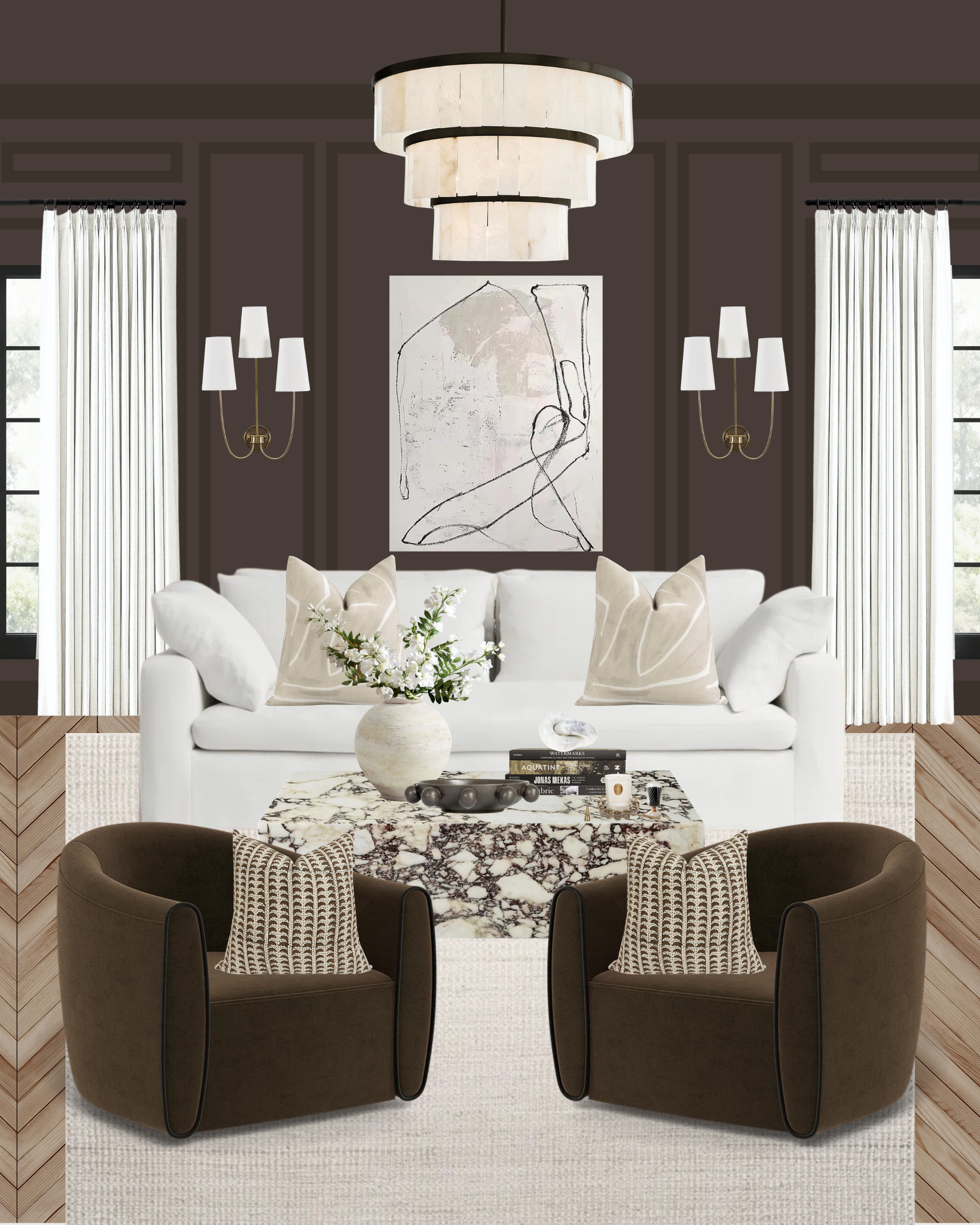 Color drenching is a great way to give your space a more elevated, designer feel. It brings drama in a sleek and simple way. This contemporary living room plays with contrast as well, with a crisp white slipcovered sofa and curtains. A neutral rug ties the space together, and the marble plinth introduces a natural material while also including a subtle pattern. 

Shop the look to give your living room that sleek professional feeling! 

 #LTKHome