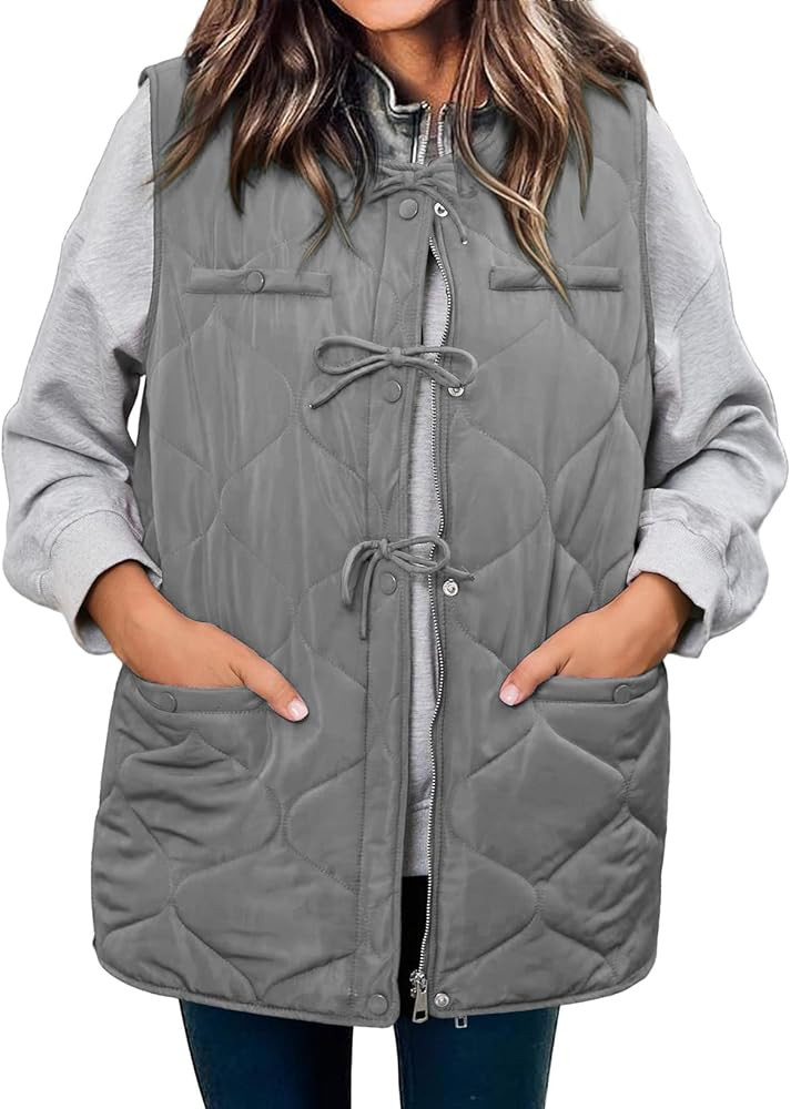 ECOWISH Puffer Vest Women Sleeveless Bow Quilted Vest Jacket Button Zip Up Padded Warm Gilet Coat... | Amazon (US)