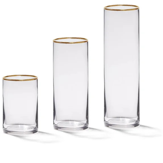 4E's Novelty Set of 3 Glass Cylinder Vases with Gold Rim, 6", 9", 10.5" Tall, 3.5" Wide | Walmart (US)